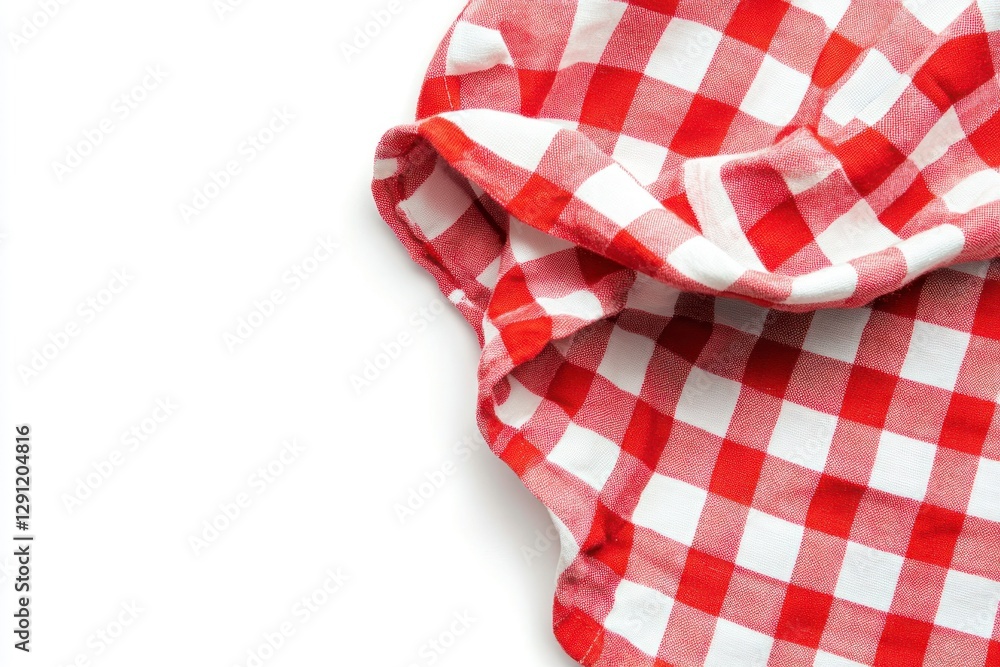 Red and white checkered tablecloth, white background, flat lay. A red gingham-patterned cloth folded neatly on top of the solid-color surface. Image isolated on a transparent background. Red and white checkered tablecloth, white background, flat lay. A red gingham-patterned cloth folded neatly on top of the solid-color surface. Image isolated on a transparent background.