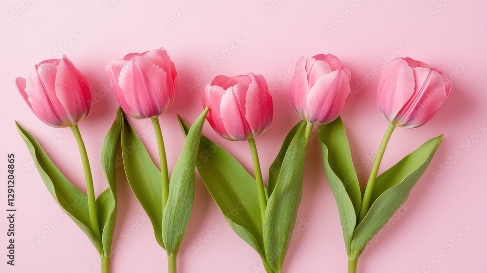 Fototapeta premium Pink tulips arranged in a straight line on a soft pink surface in a serene setting