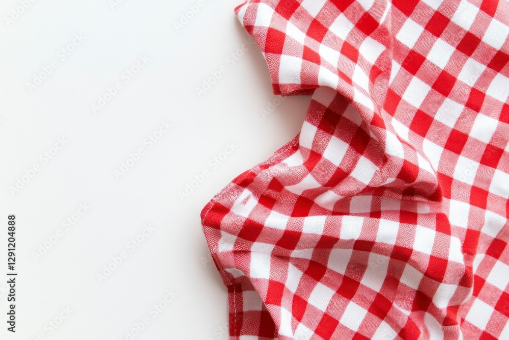 Fototapeta premium Red and white checkered tablecloth, white background, flat lay. A red gingham-patterned cloth folded neatly on top of the solid-color surface. Image isolated on a transparent background.
