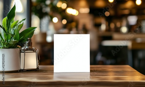Wallpaper Mural White blank menu card mockup on a wooden table with a blurred coffee shop background. The focus is the white square blank menu card standing upright Torontodigital.ca