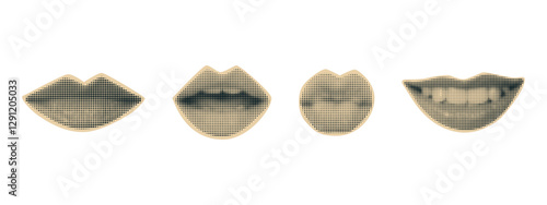 Pop art facial collage elements in halftone style. Set of stylized dotted lips bowed, mouth open, kiss smack, smiling. 