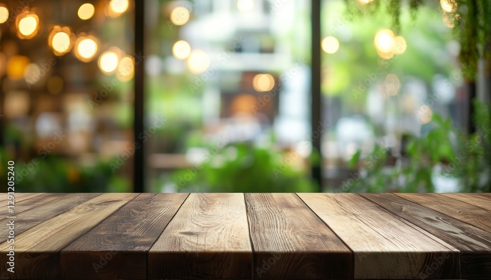 Empty wooden table top with a blurred background of a coffee shop interior for product display montage, product mockup template design, a blurred green nature window, and bokeh light in the morning
