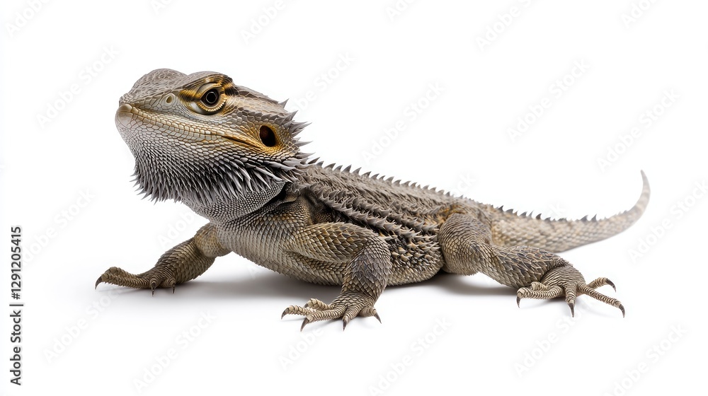 Fototapeta premium Bearded dragon reptile photography studio setting animal portrait white background detailed view animal care