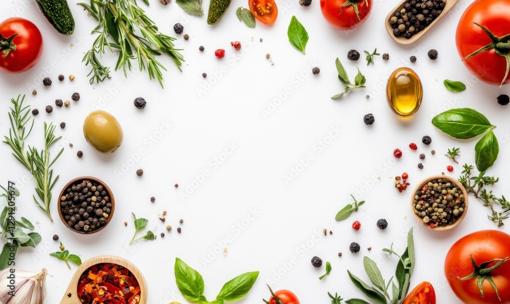 white background with a round empty space in the center, surrounded by herbs, spices, olives, and tomatoes. Top view, flat lay white background with a round empty space in the center, surrounded by herbs, spices, olives, and tomatoes. Top view, flat lay