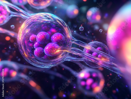 Realistic digital art of cellular division showing metaphase aligned chromosome glowing neon color cinematic motion blur background perfectly proportional accurate symmetrical ultra detailed perfect photo