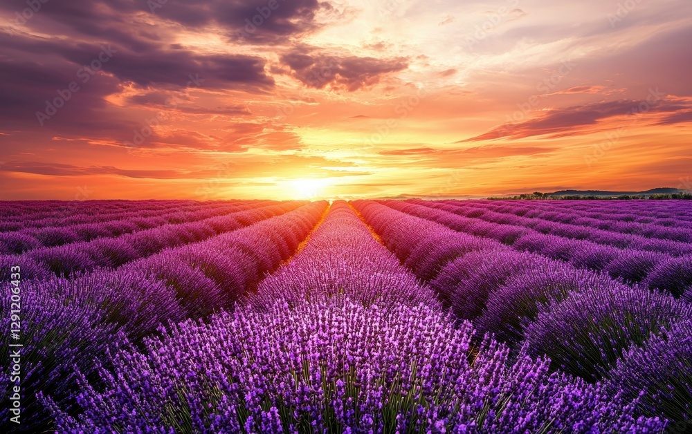 Fototapeta premium Idyllic lavender fields glowing under a soft sunset sky