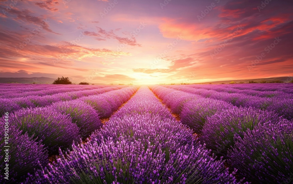 Idyllic lavender fields glowing under a soft sunset sky Idyllic lavender fields glowing under a soft sunset sky