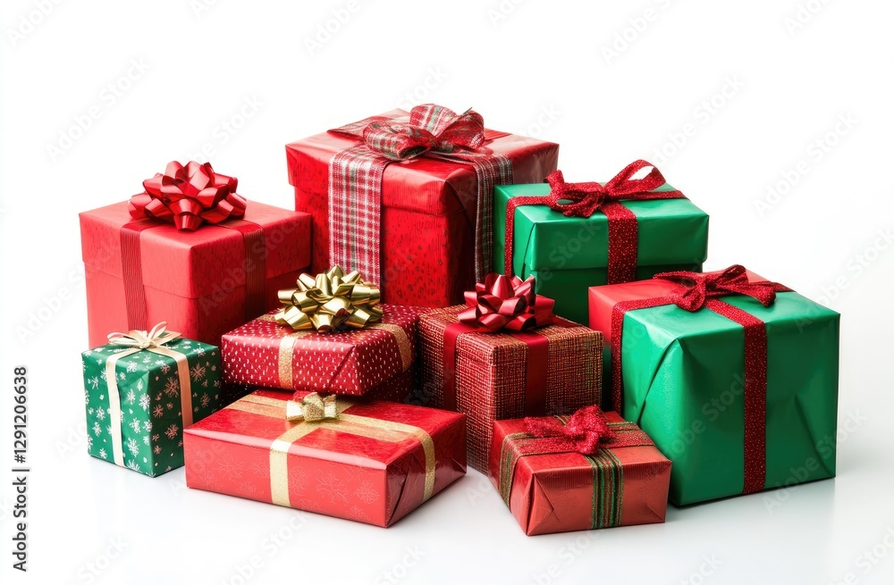 Obraz premium Christmas gifts piled high on white background (1)