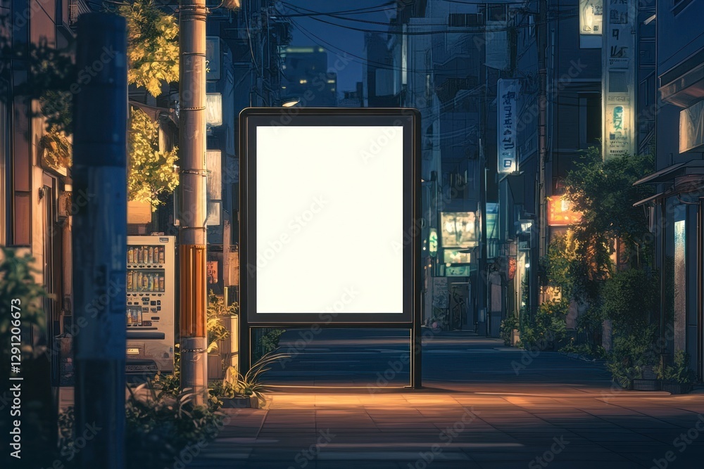 Blank white poster mockup on a street in the city, an empty vertical billboard for advertising in the evening, a blank banner template, a close-up of a blank black frame on a square Blank white poster mockup on a street in the city, an empty vertical billboard for advertising in the evening, a blank banner template, a close-up of a blank black frame on a square