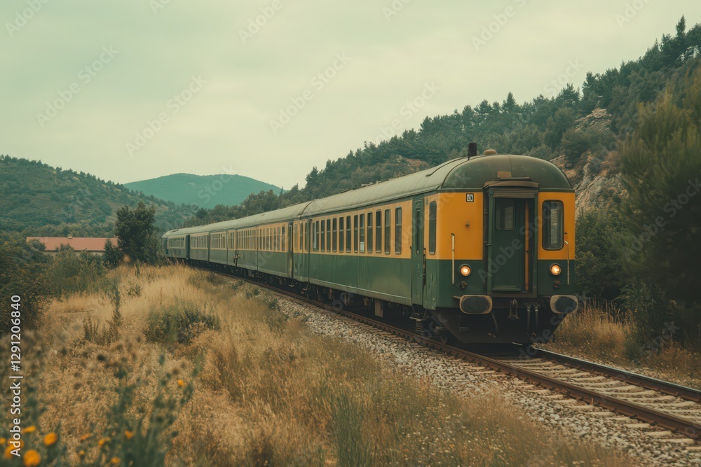 Fototapeta premium Vintage Green and Yellow Passenger Train on Rural Railway Line