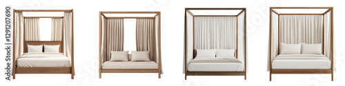 Elegant and cozy wooden framed canopy bed with plush pillows and curtains in a stylish and modern bedroom interior design  Comfortable and relaxing home or hotel accommodation concept