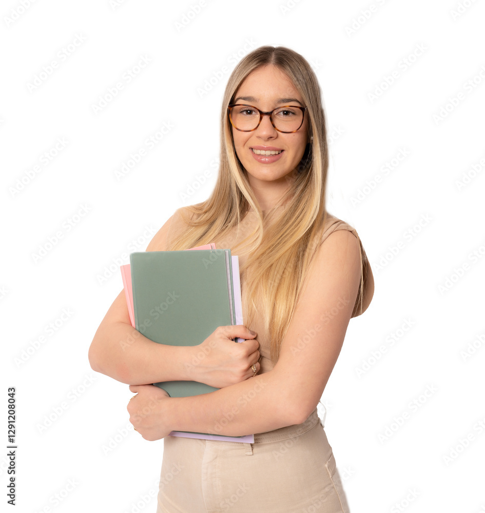 Young student girl in casual clothing and glasses holding notebooks standing isolated over transparent background. Education concept. Young student girl in casual clothing and glasses holding notebooks standing isolated over transparent background. Education concept.