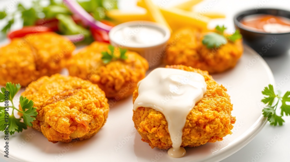 Golden crispy cheese bites drizzled with creamy sauce, served with fresh herbs and dipping sauces Golden crispy cheese bites drizzled with creamy sauce, served with fresh herbs and dipping sauces