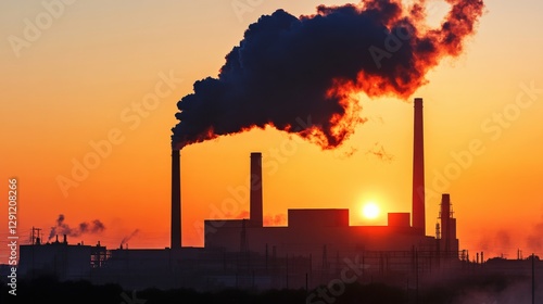 Industrial smokestacks silhouetted against a vibrant sunset with pollution effects photo