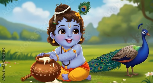 Cartoon Little Krishna with Milk Pot and Peacock in Nature Scene