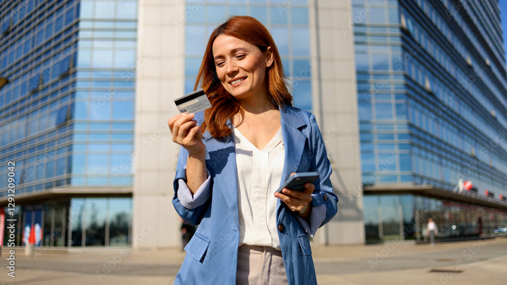 Beautiful woman enjoying in the city and shopping online on her smartphone Beautiful woman enjoying in the city and shopping online on her smartphone
