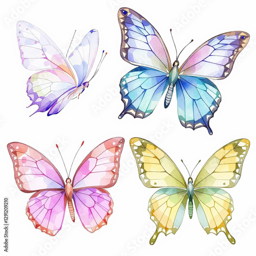 Butterfly collection. Watercolor illustration. Colorful butterflies clipart set. Baby shower design elements. Party invitation, birthday celebration. Spring, summer decor	
