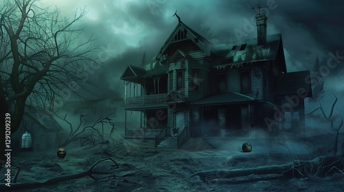 Eerie Haunted House Horror Scene Background with Spooky Atmosphere, Creepy Victorian Mansion, Ghostly Shadows, and Halloween Decoration for Dark Fantasy Design