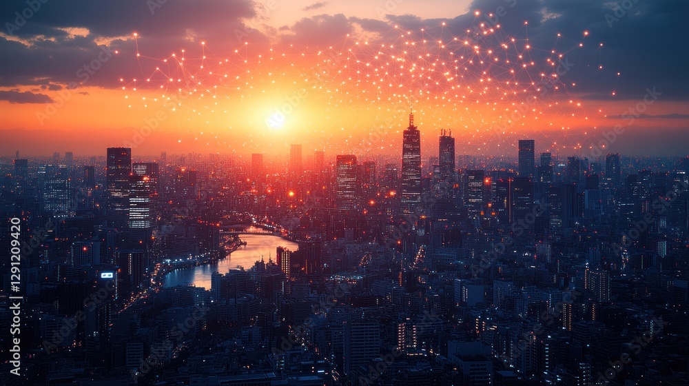 Sunset Cityscape: Connected Metropolis at Dusk Sunset Cityscape: Connected Metropolis at Dusk
