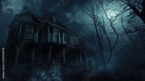 Eerie Haunted House Horror Scene Background with Spooky Atmosphere, Creepy Victorian Mansion, Ghostly Shadows, and Halloween Decoration for Dark Fantasy Design