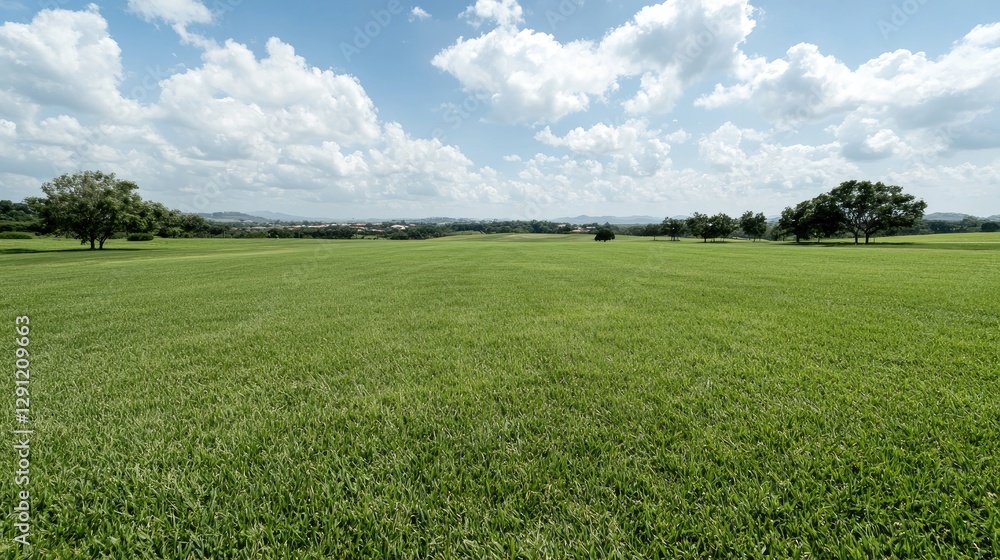 Obraz premium Wide shot of a pristine green lawn under a partly cloudy sky. Possible use Nature background, landscape design ideas