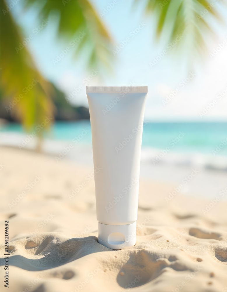 minimalist eco-friendly cream tube packaging on a tropical beach with palm trees and blurred ocean background, emphasizing sustainability and purity through label-free design minimalist eco-friendly cream tube packaging on a tropical beach with palm trees and blurred ocean background, emphasizing sustainability and purity through label-free design