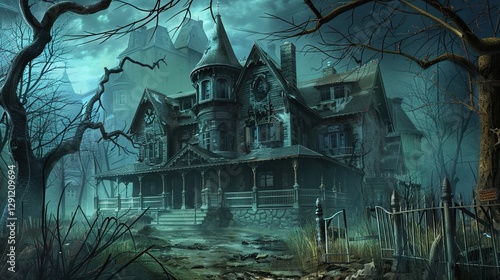 Eerie Haunted House Horror Scene Background with Spooky Atmosphere, Creepy Victorian Mansion, Ghostly Shadows, and Halloween Decoration for Dark Fantasy Design