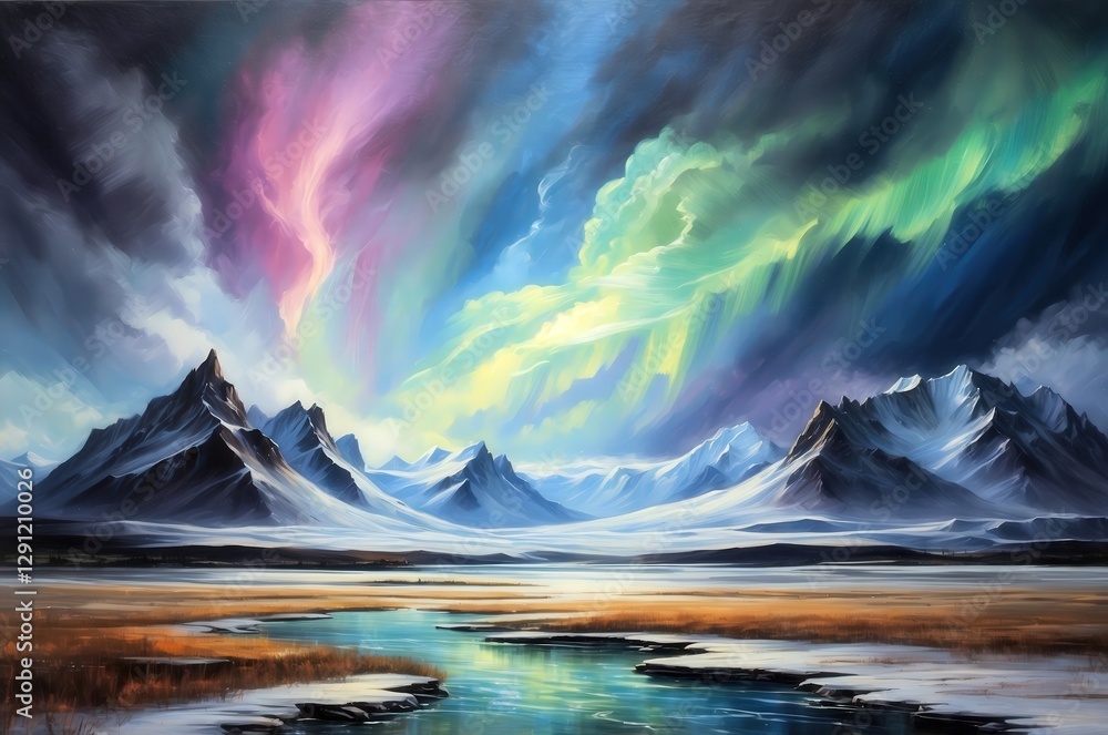 Naklejka premium Vivid aurora borealis illuminates a mountain landscape near a tranquil river during twilight hours