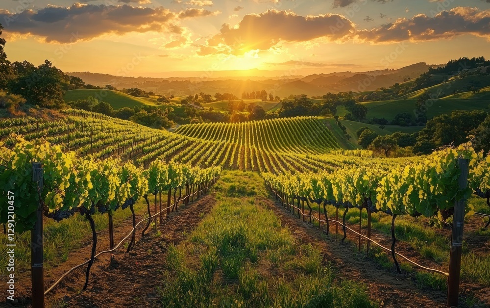 Naklejka premium Peaceful vineyard overlooking rolling hills under a golden sunset
