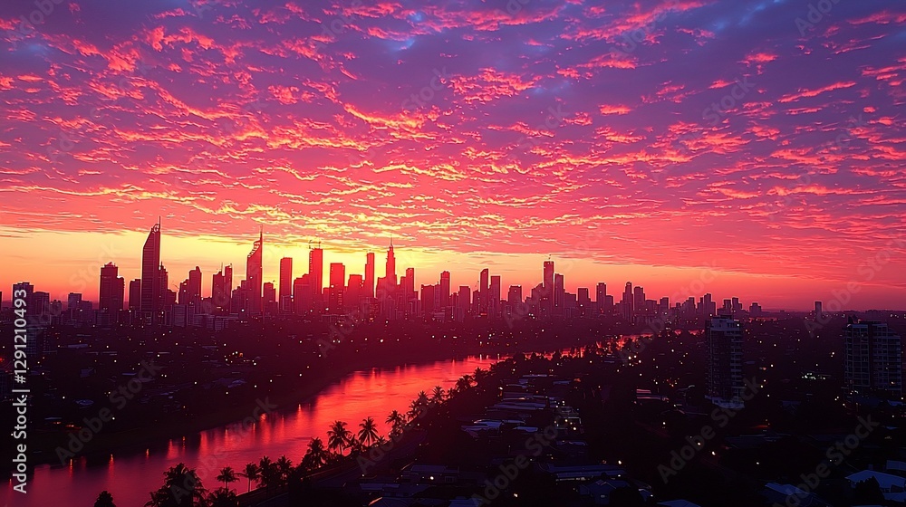 Obraz premium Vibrant sunrise over city skyline reflected in water.