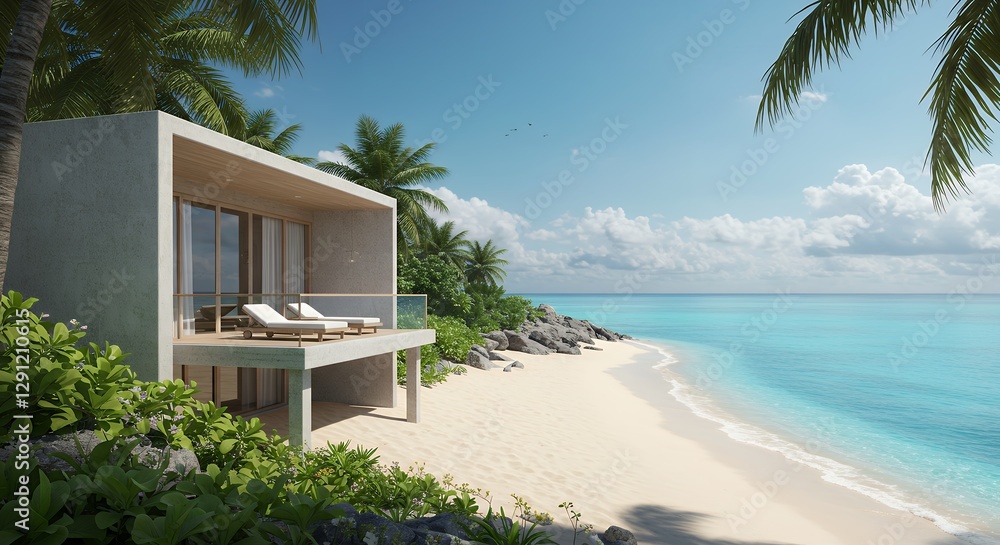 Fototapeta premium Modern beachfront villa offers serene tropical getaway with ocean views