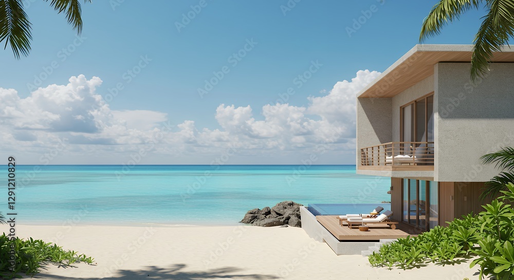 Obraz premium Luxurious beachside villa overlooks turquoise water under a sunny sky