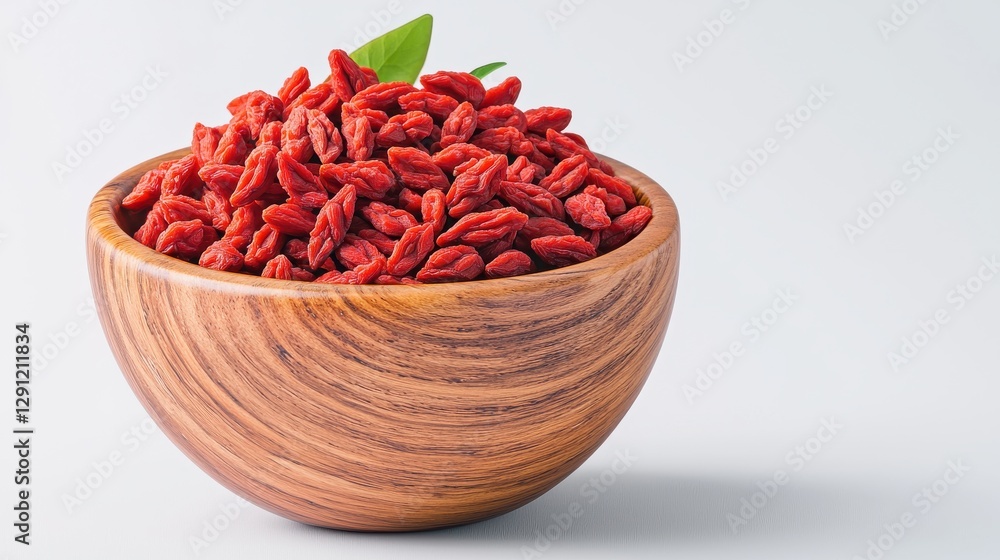 Fresh Goji Berries in a Wooden Bowl on Light Background Fresh Goji Berries in a Wooden Bowl on Light Background