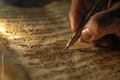 Artistic Depiction of a Hand Writing Sacred Hebrew Text on Aged Paper Amidst Soft Lighting