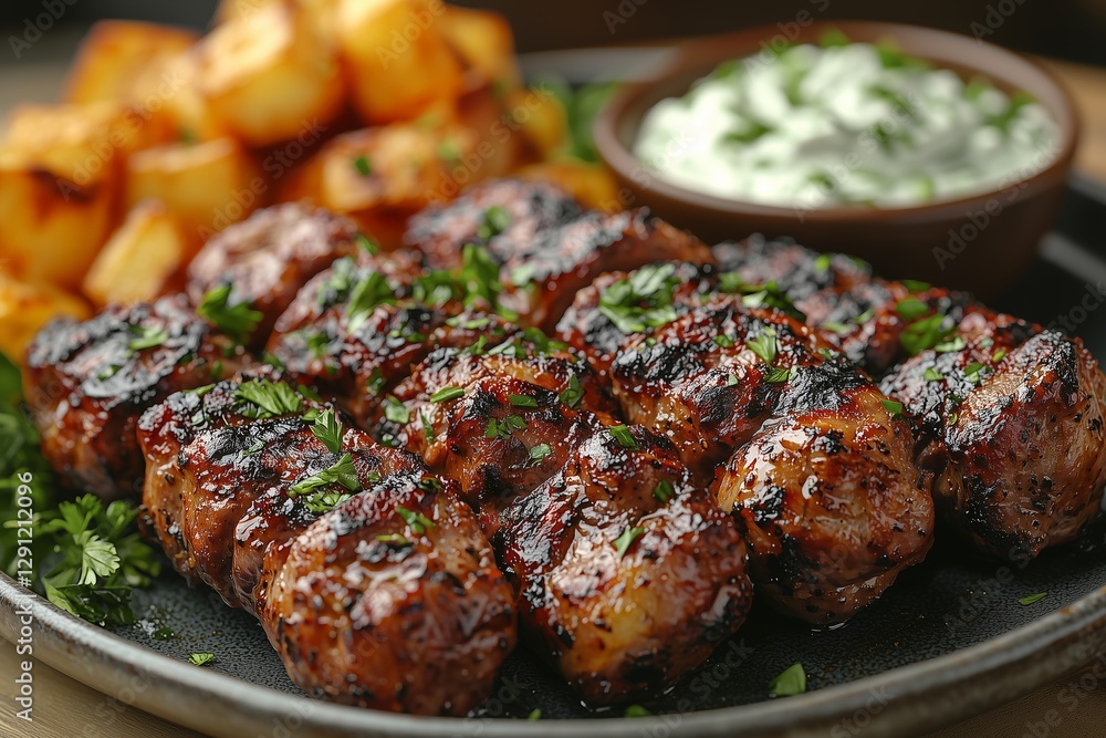 A plate of succulent lamb kebabs, marinated in fragrant spices and grilled over an open flame, served with cooling tzatziki A plate of succulent lamb kebabs, marinated in fragrant spices and grilled over an open flame, served with cooling tzatziki