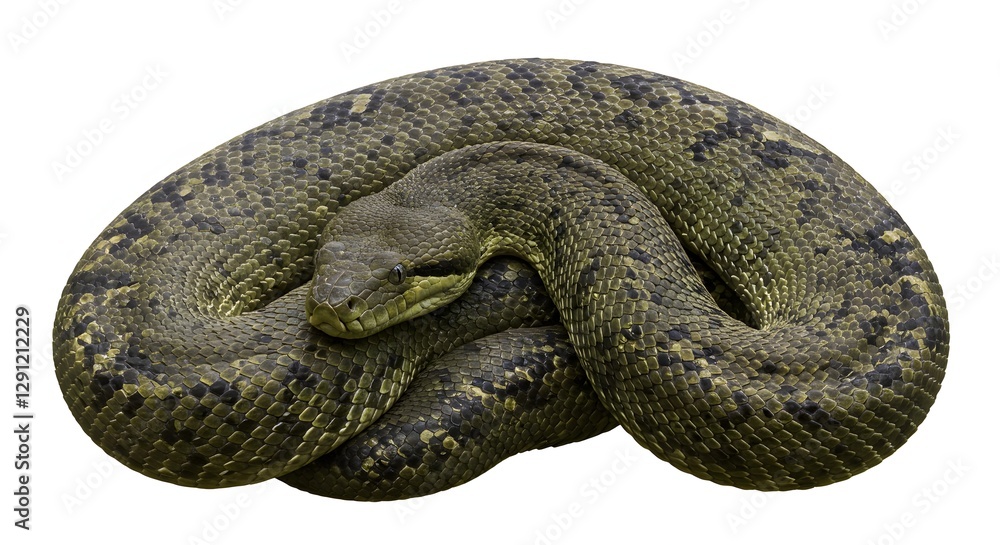 Obraz premium Green Anaconda Coiled Isolated on White Background Wild Snake Closeup