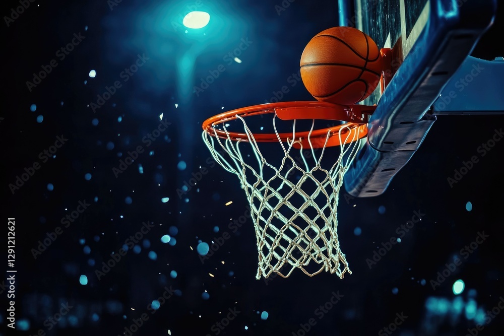 Nighttime Urban Basketball: Orange Ball Soaring Towards Hoop, Capturing the Essence of Scoring Success in Street Sports Nighttime Urban Basketball: Orange Ball Soaring Towards Hoop, Capturing the Essence of Scoring Success in Street Sports