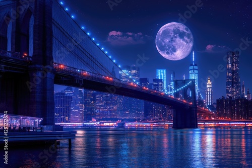 Nighttime View of Brooklyn Bridge Against a Moonlit Skyline Over the River in New York City