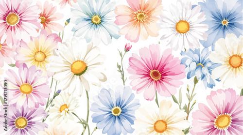 Abstract watercolor background with chamomile flowers