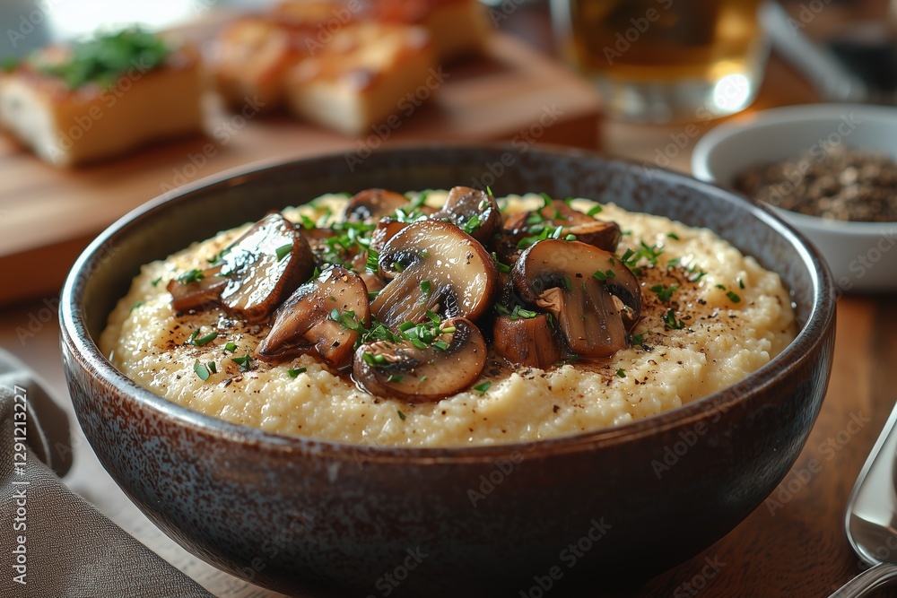 A bowl of creamy polenta topped with wild mushrooms and a drizzle of truffle oil, embodying rustic elegance A bowl of creamy polenta topped with wild mushrooms and a drizzle of truffle oil, embodying rustic elegance