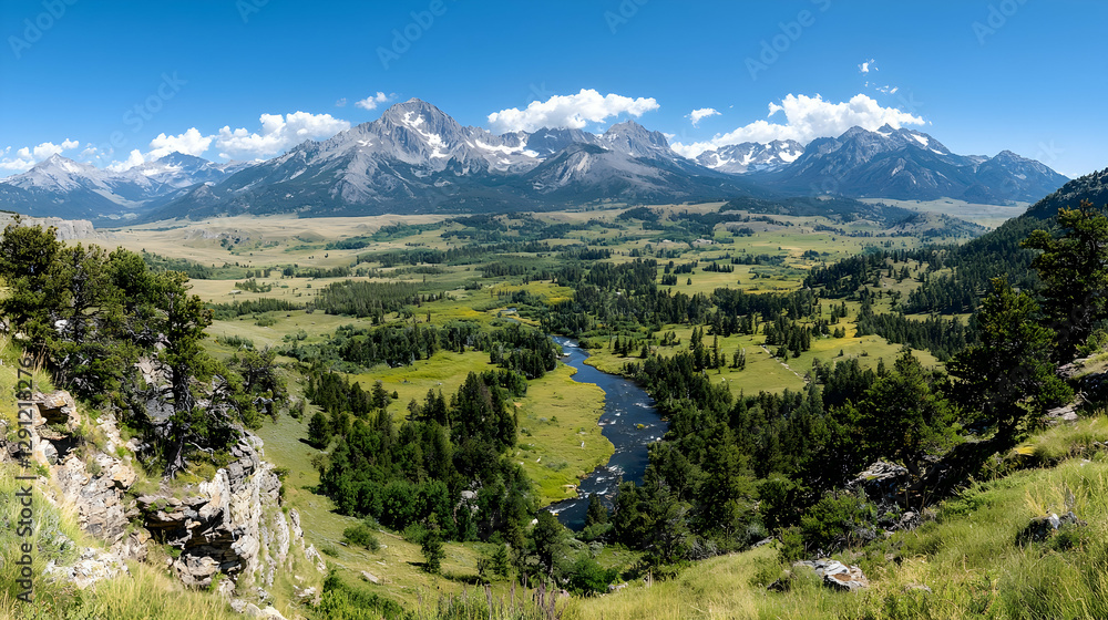 Obraz premium Mountain valley river landscape panorama, summer day