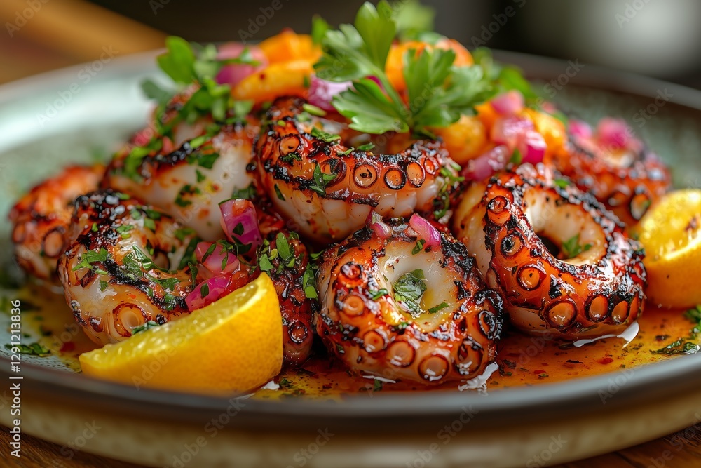 A beautiful dish of grilled octopus, charred to perfection and paired with a citrus and olive oil dressing, evoking Mediterranean shores A beautiful dish of grilled octopus, charred to perfection and paired with a citrus and olive oil dressing, evoking Mediterranean shores