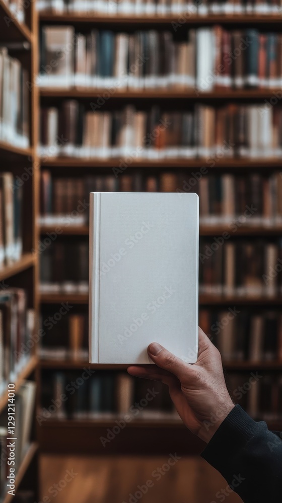 A hand holding a white book in front of bookshelves A hand holding a white book in front of bookshelves