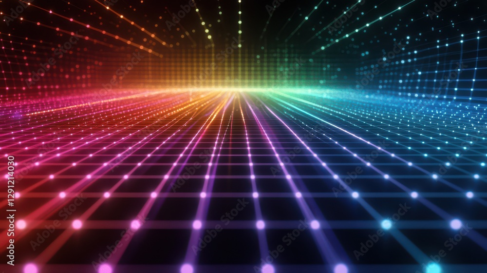 A vivid spectrum of sound waves animating across a grid in a dark setting. A vivid spectrum of sound waves animating across a grid in a dark setting.