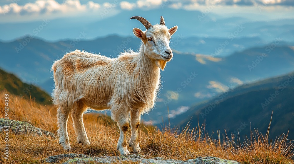 Obraz premium A serene mountain landscape featuring a standing goat amidst beautiful natural scenery and soft sunlight illuminating the surroundings