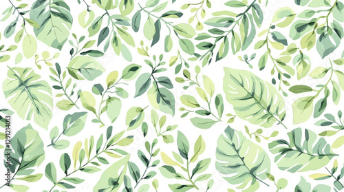 Green leaves seamless vector pattern. Watercolor tea leaf background, textured jungle print.