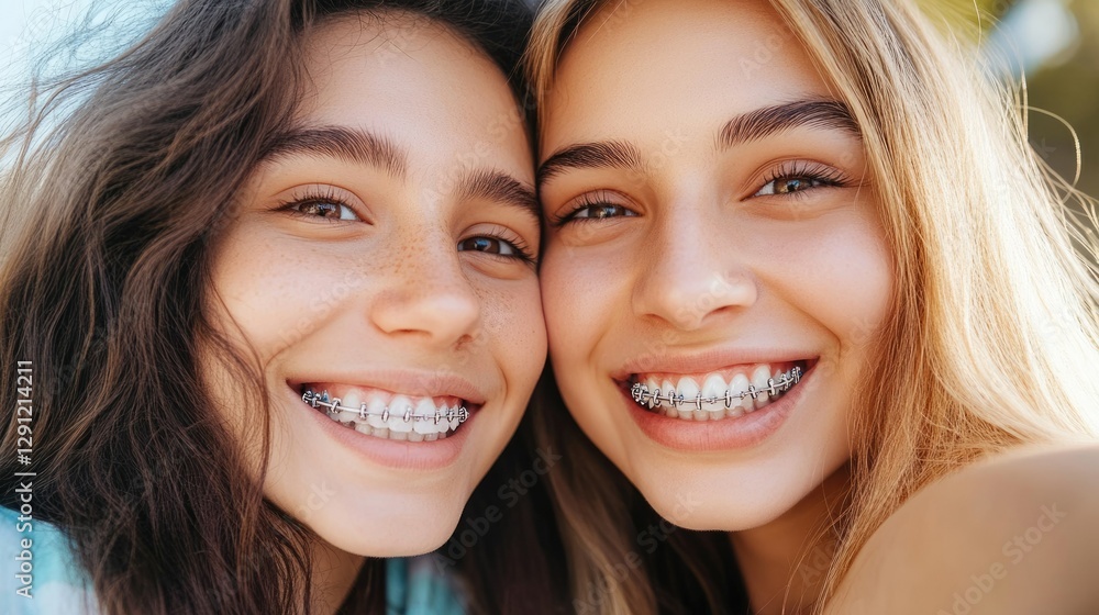 Two Friends with Orthodontic Brackets Smiling Together in a Fun Selfie - Celebrating Dental Health and Friendship Two Friends with Orthodontic Brackets Smiling Together in a Fun Selfie - Celebrating Dental Health and Friendship