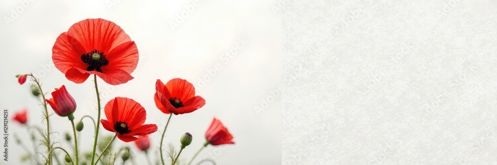 Obraz premium Red poppy flowers against a crisp white background with a subtle texture, flowers, floral