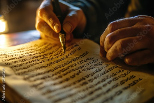 Intimate Focus on Hand Scribbling Hebrew Script on Vintage Paper Illuminated by Soft Light in a Sacred Setting