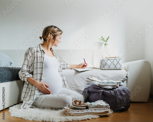 Pregnant woman packing hospital bag with checklist.
